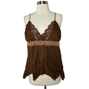 j.t.b. Boho Brown Handkerchief Hem Beaded Cami Top Size Large